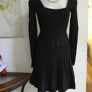 GUESS Textured Knit Short Dress Long Sleeve A-Line Square Neck Fit Flared Blk S